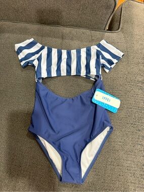 Kids Navy Blue & White Striped Off-Shoulder One-Piece Swimsuit